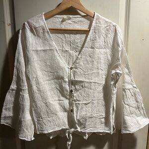 Hem & Thread White Bell Sleeve Blouse with Tie Front
